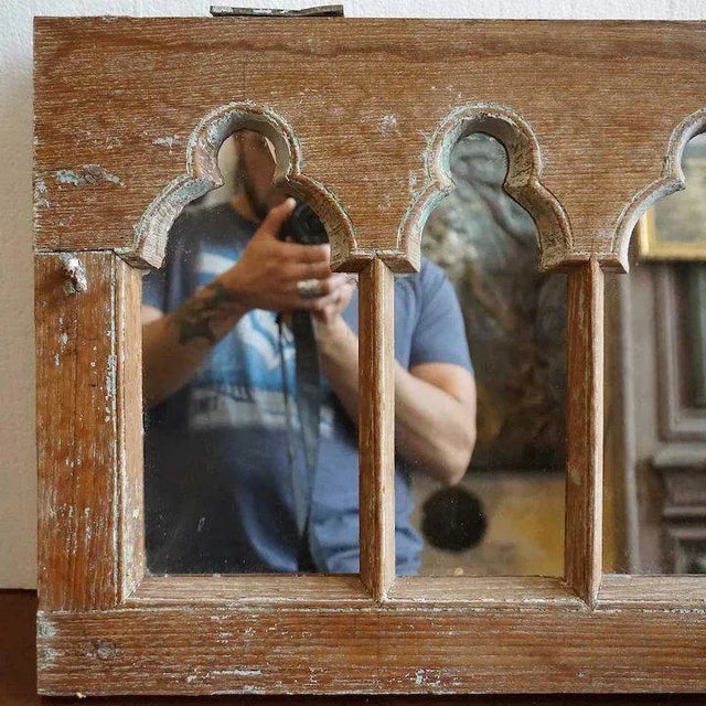 English Anglo Indian Gothic Revival Teak Arcade Window Frame Mirror For Sale - Image 3 of 5