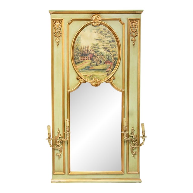 Reproduction Antique Style Trumeau-Style Large Mirror With Attached Sconces For Sale