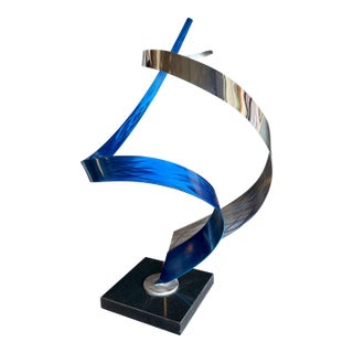 Large Modern Metal Ribbon Chrome Blue Sculpture Marble Base Brutalist Kinetic For Sale
