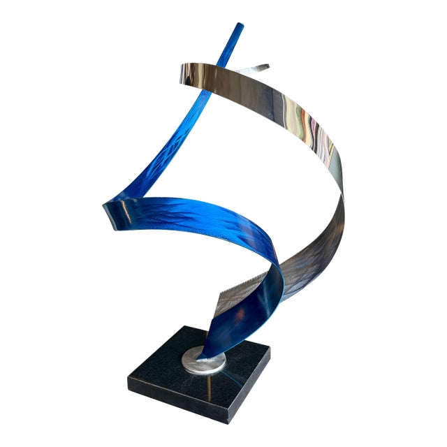 Large Modern Metal Ribbon Chrome Blue Sculpture Marble Base Brutalist Kinetic For Sale