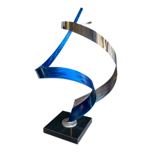 Large Modern Metal Ribbon Chrome Blue Sculpture Marble Base Brutalist Kinetic