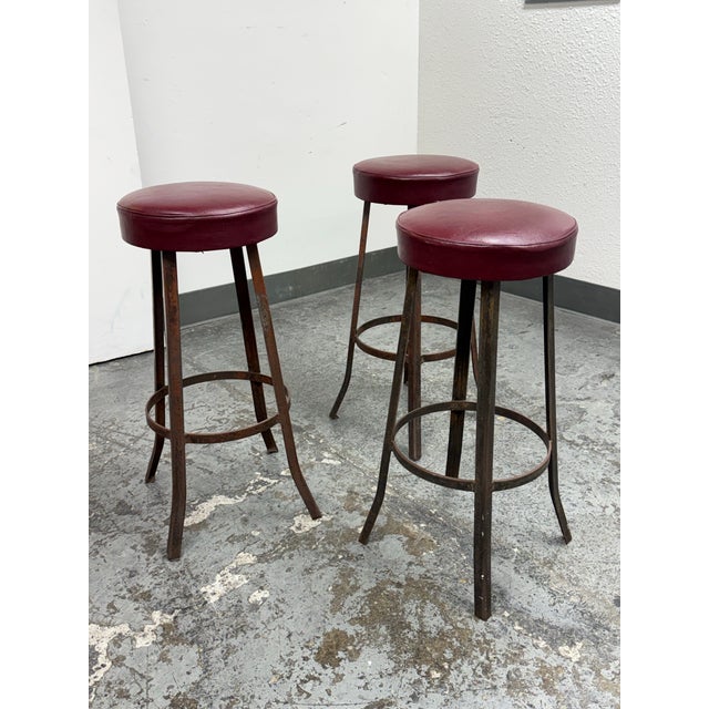 Rustic Mid 20th Century Burgundy Vinyl + Metal Bar Stools, Set of Three For Sale - Image 3 of 12