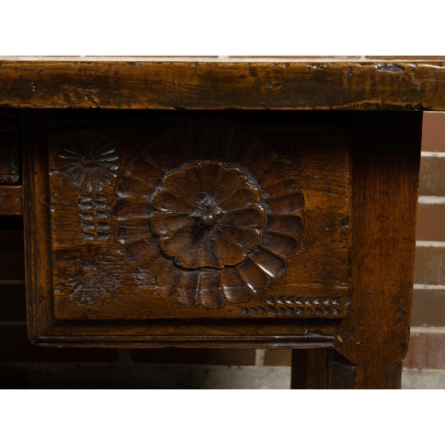 French 1800s Walnut Desk with Three Drawers, Carved Floral Motifs and Patina For Sale - Image 4 of 12