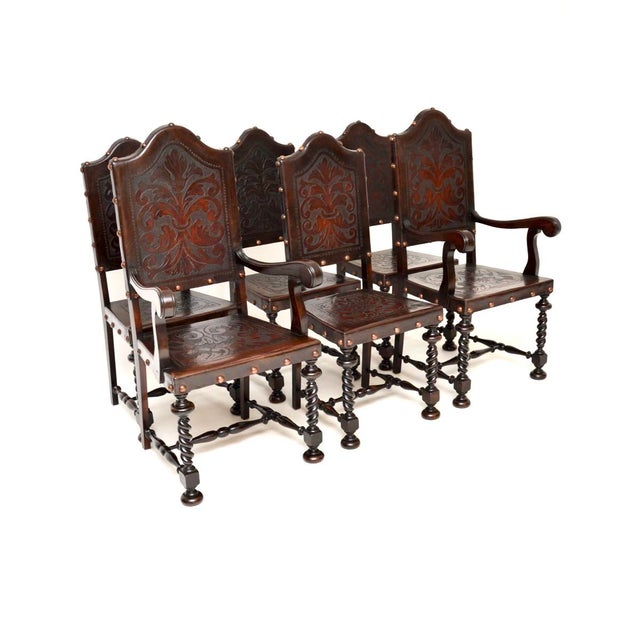 Antique Portuguese Embossed Leather and Walnut Dining Chairs, 1880, Set of 6 For Sale - Image 11 of 11