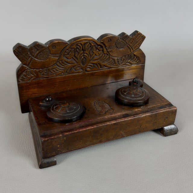 Vintage Double Inkwell Desk in Carved Wood with Glass Trays, 1940s For Sale - Image 12 of 12