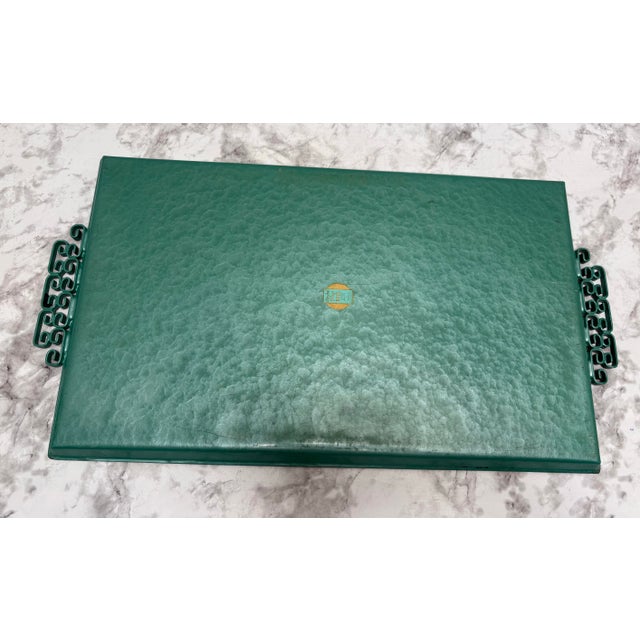 Metal Midcentury Modern Turquoise Decor Tray With Gold Handles For Sale - Image 7 of 7