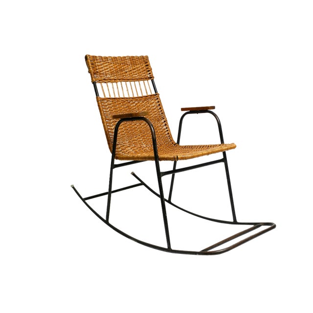 Mid-Century Modern Rocking Chair in Black Painted Metal and Rattan, 1950s For Sale