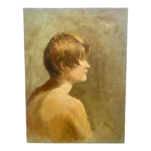 Vintage Oil on Canvas Portrait Painting of a Nude in Tones of Celadon and Bronze, Dated 1969 Signed Clara Snyder