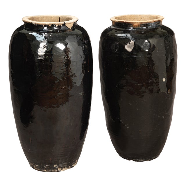 Tall Vintage Black Earthenware Jar, 1920s For Sale