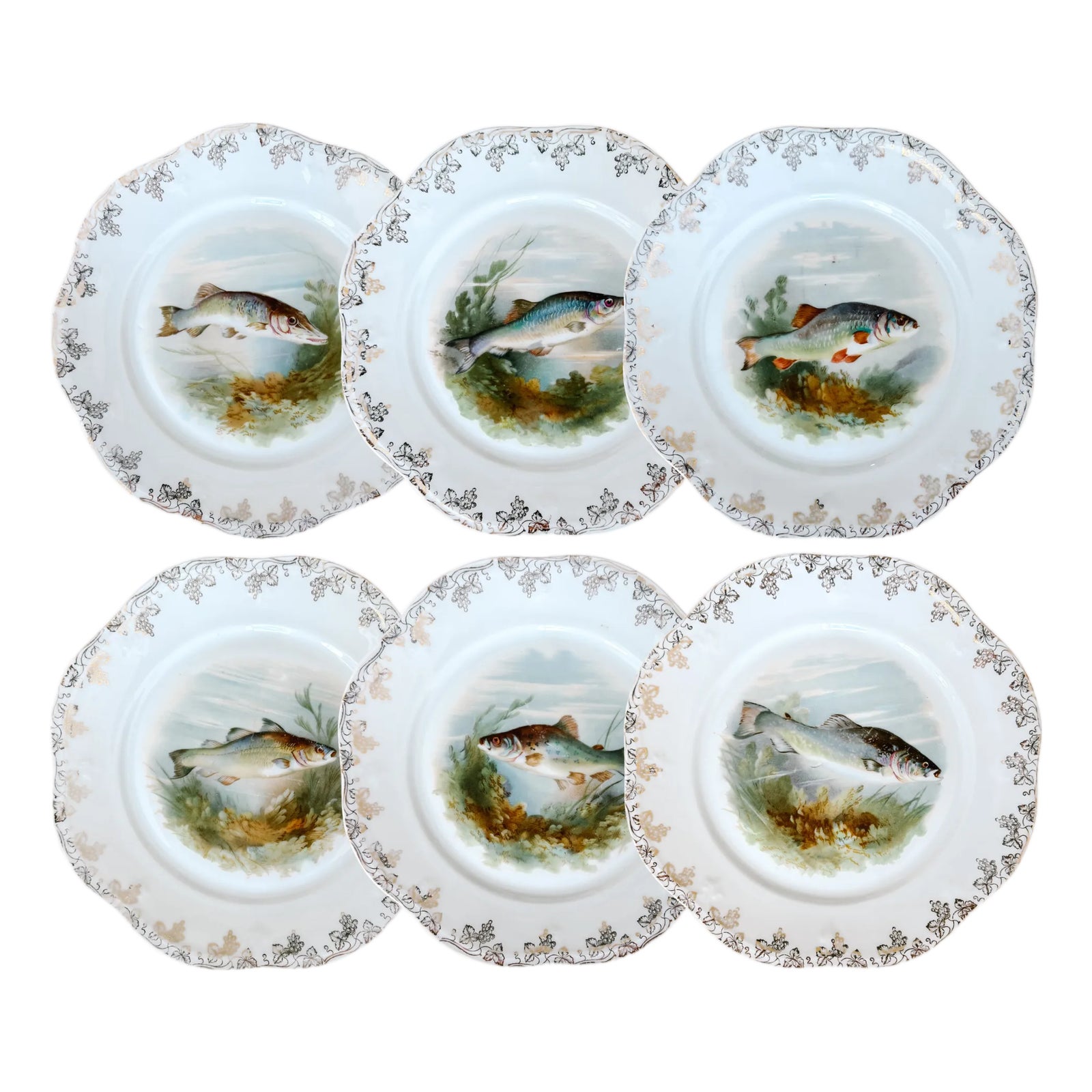 Antique Continental Porcelain Fish Plates – Set of 6 | Chairish