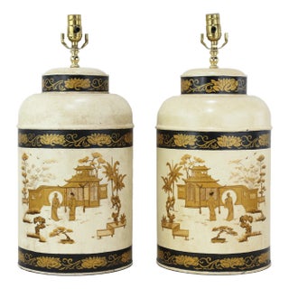 A Pair English Export Hexagonal Tea Caddy Hand-Painted Chinoiserie Landscape Table Lamp For Sale