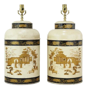 A Pair English Export Hexagonal Tea Caddy Hand-Painted Chinoiserie Landscape Table Lamp