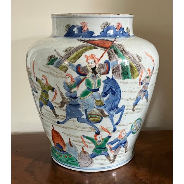 Antique 19th Century Chinese Qing Wucai Transitional Style Porcelain Vase or Jar Decorated With Warriors and Horses For Sale - Image 9 of 12