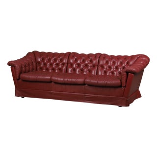 Vintage Three-Seater Sofa in Oxblood Leather with Deep Buttoning, 1930s For Sale