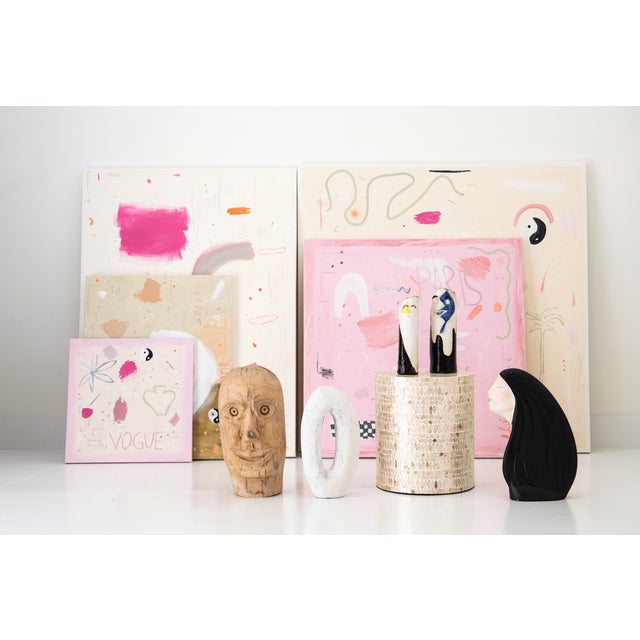 Pink painting (acrylic and pencil) on canvas, featuring abstract shapes and words by artist Virginia Chamlee. Titled "LOVE...