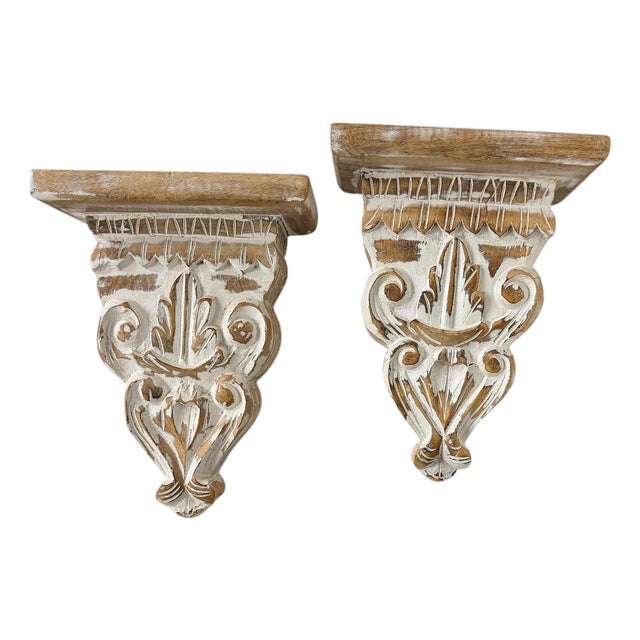 Vintage Hand Carved Wooden Decorative Display Wall Bracket - A Pair For Sale