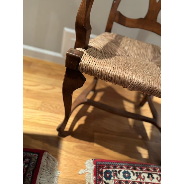French Country Style Walnut Armchairs With Rush Seats For Sale - Image 4 of 4