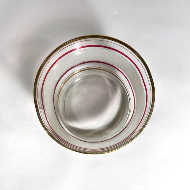Mid-Century Modern glass ice bucket Gilt trim with burgundy stripe 4 1/4" tall x 6" diameter