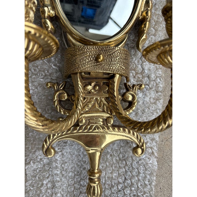 Late 19th Century Late 19th Century Ornate Brass Two Candelabra Wall Sconce With Mirror - a Pair For Sale - Image 5 of 8