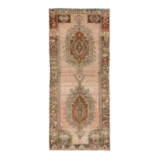 Vintage Turkish Oushak Gallery Rug in Soft Rose, Olive Green, and Burnt Sienna For Sale