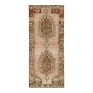 Vintage Turkish Oushak Gallery Rug in Soft Rose, Olive Green, and Burnt Sienna