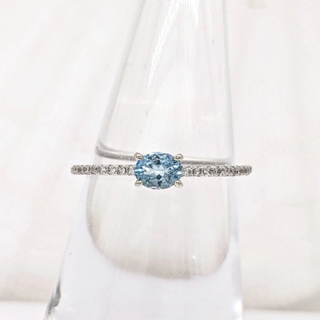 East West Aquamarine Ring with Natural Diamonds in Solid 14K White Gold Oval 3x5mm For Sale - Image 4 of 11