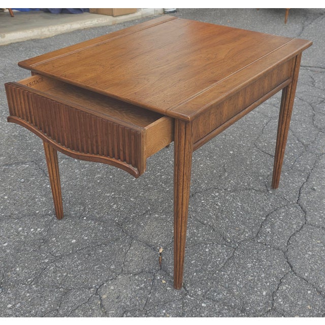Mid Century modern Heritage Walnut Single Drawer Side Table. Sleek drawer pull built-in from the the bottom. Measures 22"...