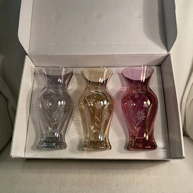 Amber Vintage Royal Danube Floral Etched Hand Cut Vases-Set of 3 For Sale - Image 8 of 10