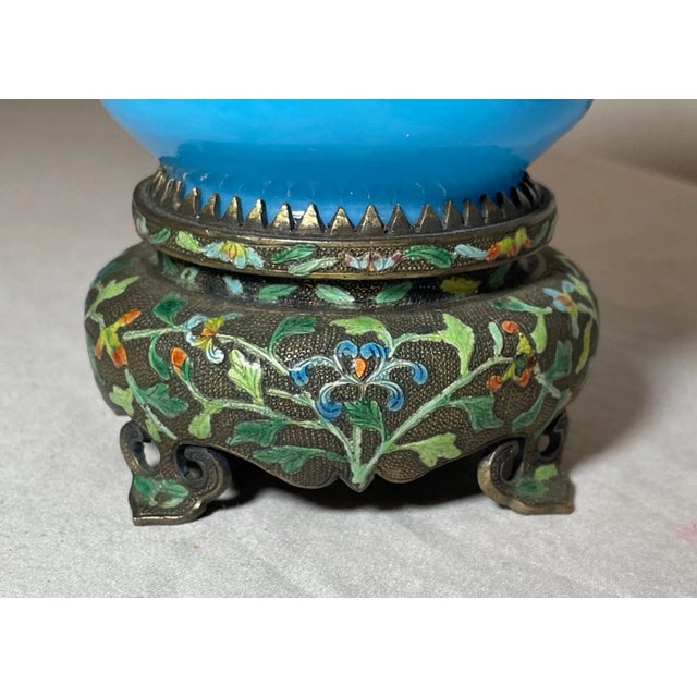Antique 19th Century Chinese Blue Opaline Peking Glass Enameled Bronze Base Bowl For Sale - Image 9 of 10