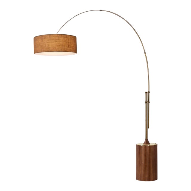 1980s Tambo 92"h 1-Light Arc Lamp, Burlap Shade, Dark Walnut Base, Weathered Brass, Dimmable, for Living Room or Bedroom For Sale
