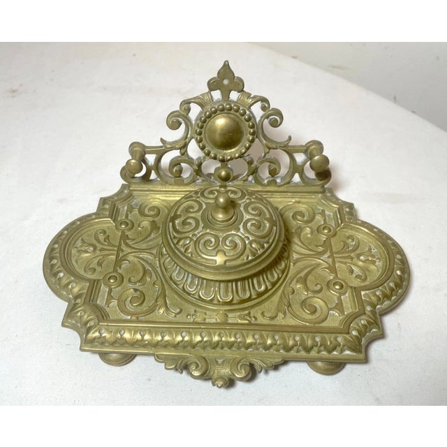 Up for sale is a very nice quality antique 19th century gilded brass writing inkwell stand. It's made of very thick gilded...
