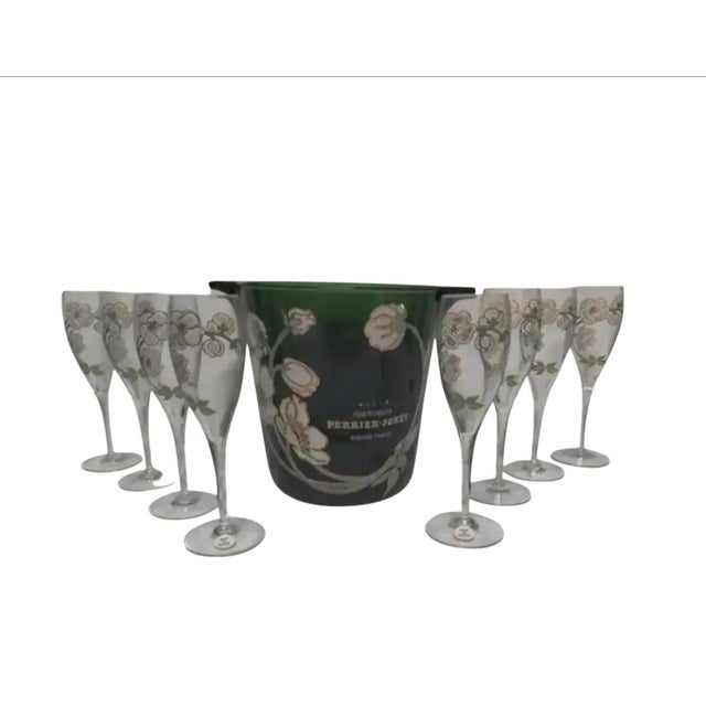 Green Vintage Perrier-Jouët Green Glass Champagne Bucket With Champagne Flutes Set- 9 Pieces For Sale - Image 8 of 8