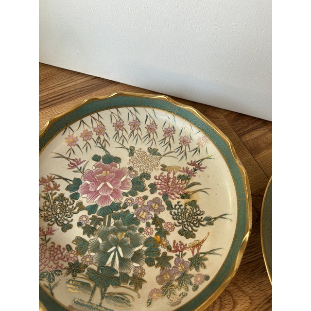 Ceramic 1970s Asian Ceramic Pink and Teal Plates With Gold Rims and Floral Accents For Sale - Image 7 of 8