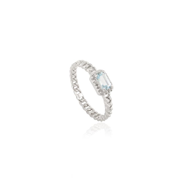 Art Deco 14k White Gold Halo Diamond Topaz Baguette Ring Size 7 For Sale - Image 3 of 11