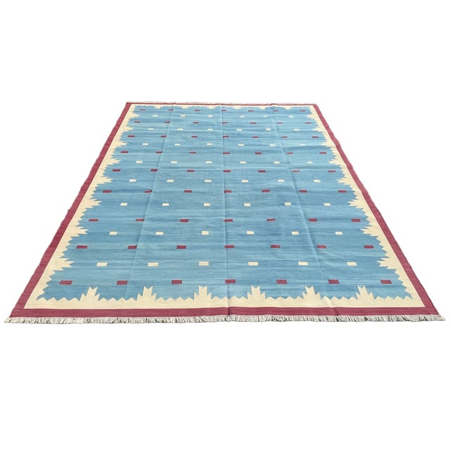 Handmade Cotton Vegetable Dyed Rug, Sky Blue and Pink Geometric Dhurrie-8'x10' For Sale - Image 13 of 13