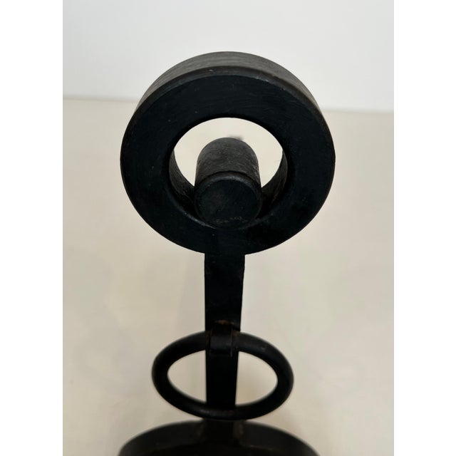 Black Pair of modernist wrought iron andirons For Sale - Image 8 of 12