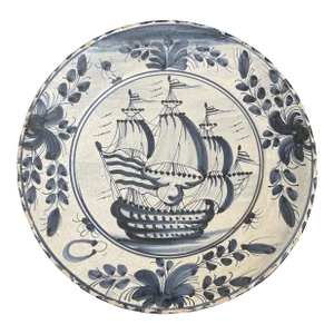 Antique 18th Century Tin Glazed Delft Galleon Sailing Ship Large Plate - Platter