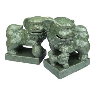 Chinoiserie Celadon Ceramic Foo Dogs - a Pair For Sale