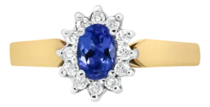 14K Yellow Gold 1/5 Cttw Round Diamond and 6x4mm Oval Blue Tanzanite Halo Ring (H-I Color, I1-I2 Clarity) - Size 7.75
