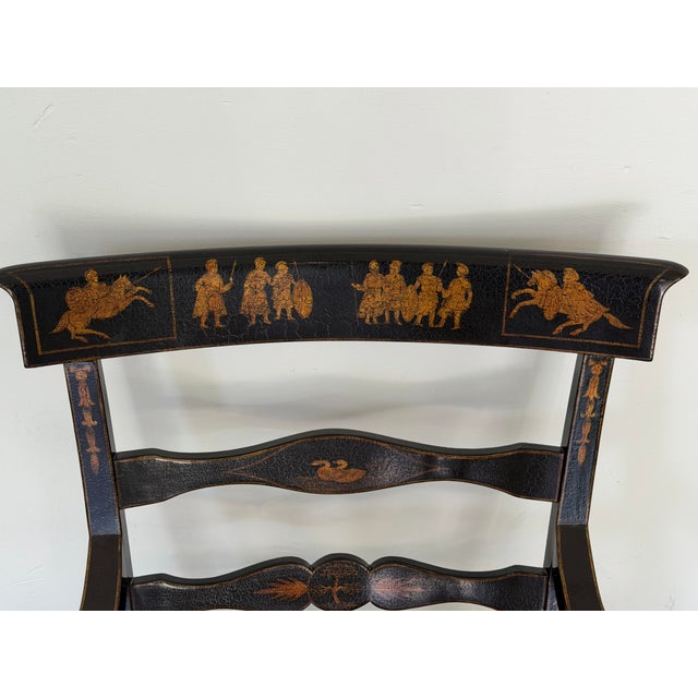 English Regency Style Crackle Finish Chinoiserie & Classical Stenciled Rush Seat Armchair For Sale - Image 11 of 12