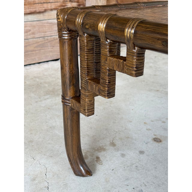 Mid-Century Organic Modern Rattan Fretwork Coffee Table With Mosaic Wood Inlay Top Manner of John Wisner For Sale - Image 10 of 12