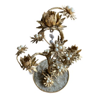 1950's Mid Century Modern Mingo 24k Bonsai Tree Lotus Candelabra Candle Holder Pearls For Sale