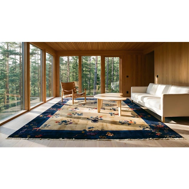 Textile Traditional Floral Design in a Beige Background Color Antique Chinese Art Deco Rug For Sale - Image 7 of 8