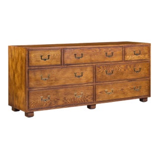 Henredon Campaign Mid Century Oak and Brass Lowboy Dresser For Sale