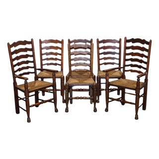 Antique English Rush Seat Ladderback Dining Chairs, 1910s, Set of 6 For Sale