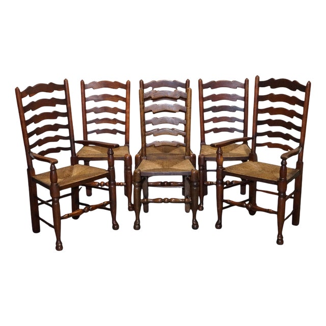 Antique English Rush Seat Ladderback Dining Chairs, 1910s, Set of 6 For Sale