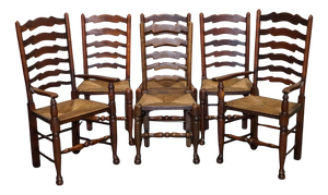 Antique English Rush Seat Ladderback Dining Chairs, 1910s, Set of 6