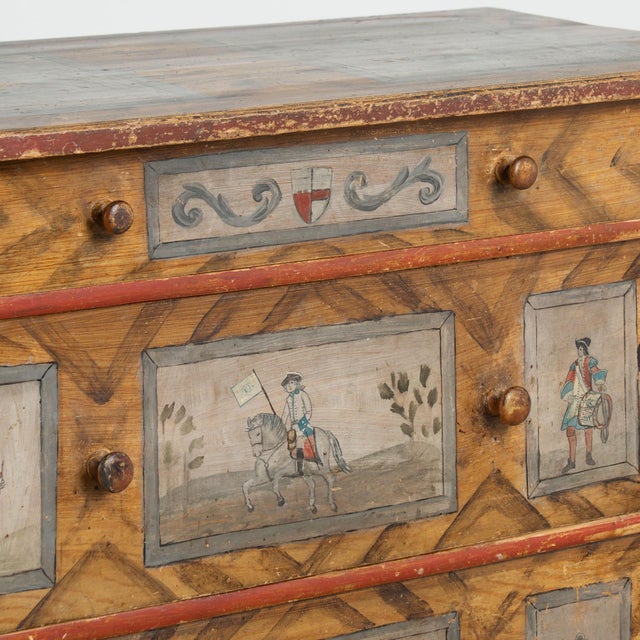 Brown 19th Century Original Hand-Painted Pine Chest of Three Drawers With Soldiers on Horseback For Sale - Image 8 of 13