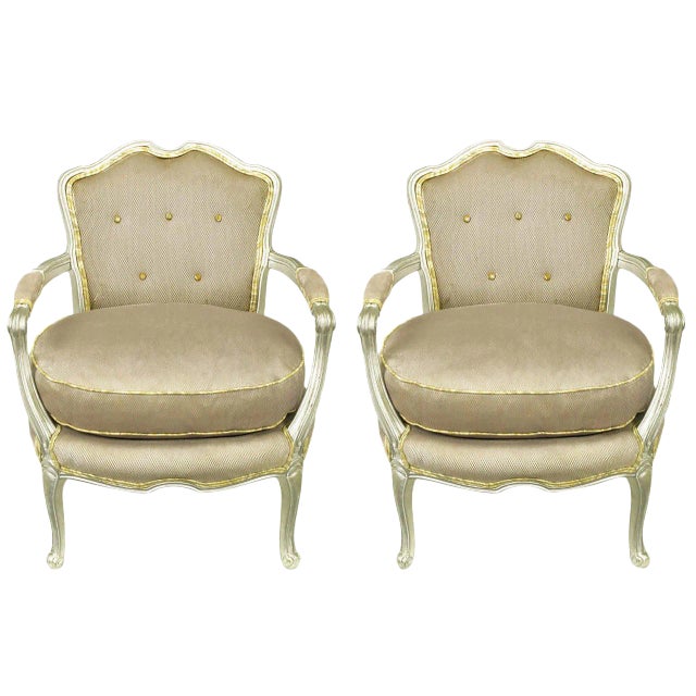 Silver Lacquer Button Tufted Velvet Louis XV Fauteuils - a Pair For Sale