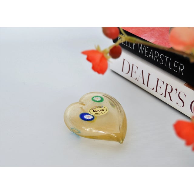 Gold Vintage Murano Glass Heart With Gold Aventurine and Murrines Paperweight - Signed For Sale - Image 8 of 10